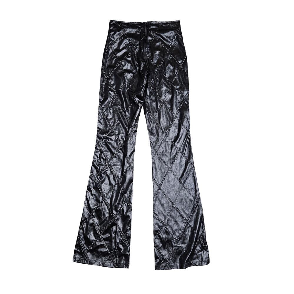 Vintage Y2k Flared Black Satin Faux Leather Pants - Small